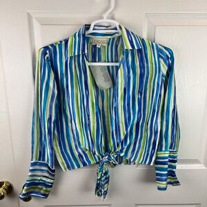 Vintage Cache Striped Tie Front Long Sleeve Top Silk